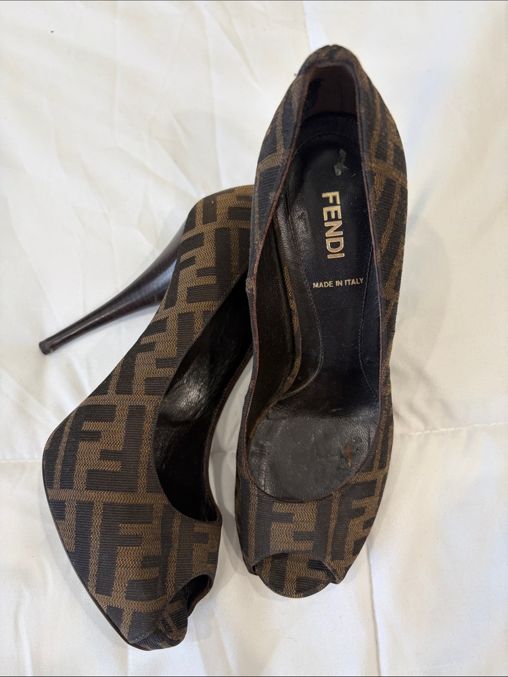 Fendi Brown FF Monogram Peep-Toe Heels